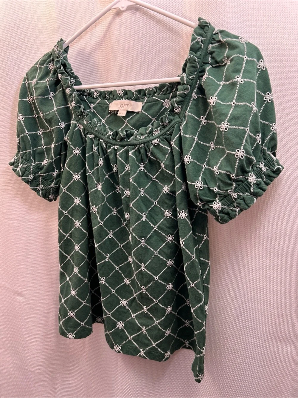 LOFT Green Puff Sleeve Embroidered Square-Neck Top
